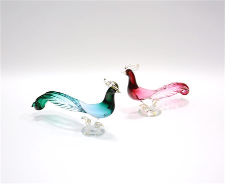 Manifattura di Murano. Coppia di sculture raffiguranti uccelli esotici...