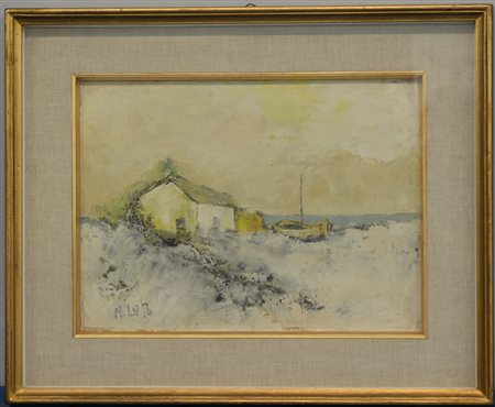 Mario Lupo (1926 - 1992 ) "Casolare con barca" olio su tela (cm 30x40)...