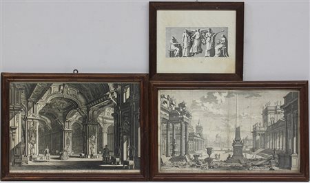 Lotto composto da tre incisioni: due a soggetto architettonico e una a...