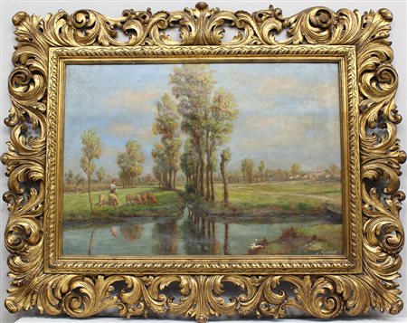 Erminio Soldera (1874 - 1955)"Paesaggio con gregge" olio su tela (cm 70x100)...