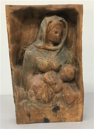 Cirillo Grott "Maternità" scultura in legno intagliato (cm 32x50) firmata...