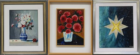 B. Costa Lotto di tre dipinti ad olio su tela raffiguranti una stella e vasi...