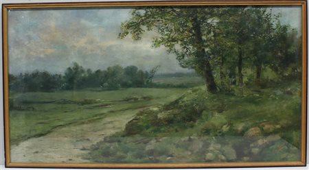 Eugenio Ravieli "Campagna con alberi" olio su tela, firmato in basso a destra...