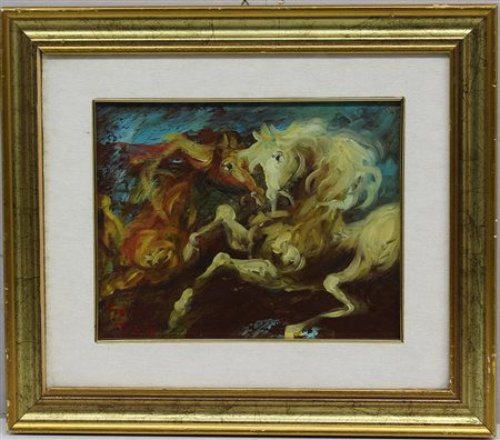 Gianni Testa (Roma 1936)"Cavalli" olio su tela (cm 24x30) firmato in basso a...