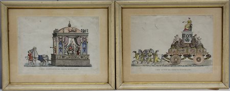 Coppia di incisioni acquerellate raffiguranti carri allegorici, sec. XIX...