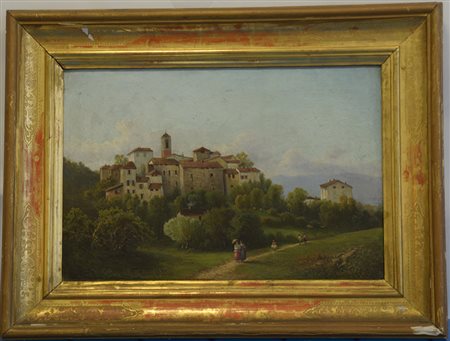 Scuola lombarda del secolo XIX "Paesaggio con viandanti e paese sullo sfondo"...