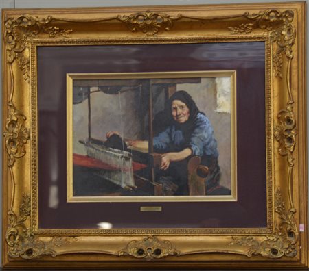 Gianni Strino "Tessitrice" olio su tela (cm 30x40) firmato in basso a destra,...