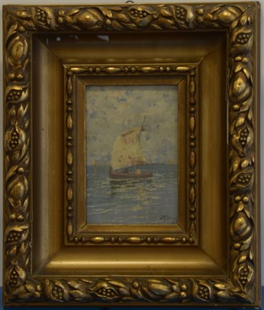 Scuola del secolo XIX "Marina con barca in primo piano" olio su tavoletta (cm...