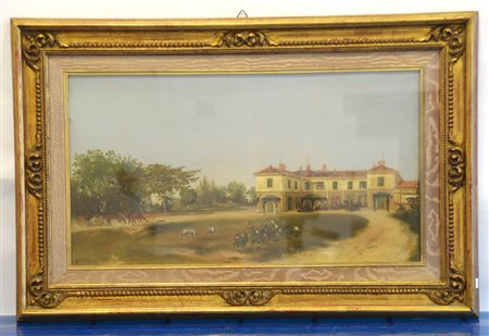 Scuola inglese del secolo XIX "Scorcio di villa con carrozza e cavalli" olio...