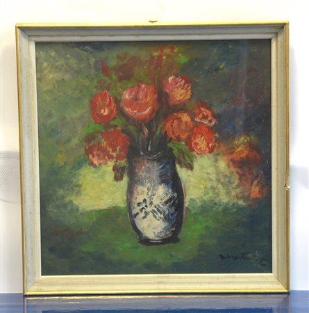 Firma indecifrata "Vaso con fiori" olio su masonite (cm 41x40) firmato in...