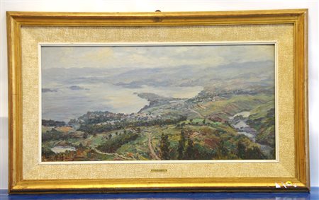 Ignoto "Lago della Brianza" 1956 olio su compensato (cm 40x80) reca firma...