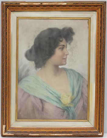 Artista del sec. XIX "Ritratto di giovane donna" pastello su carta applicata...
