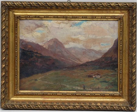 Firma indecifrata "Paesaggio montano" olio su cartoncino (cm 24x33) firmato...