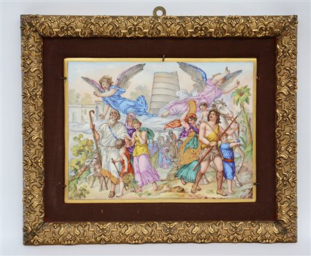 Firma indecifrata, placca istoriata in porcellana policroma (cm 24,5x32,5)...