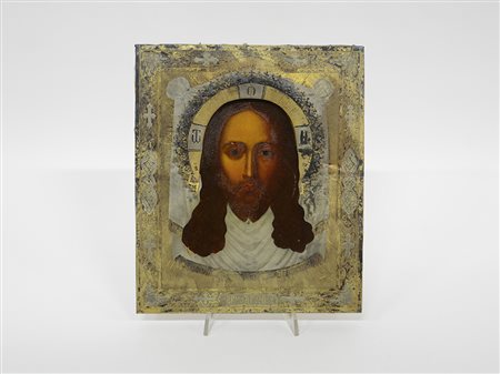 Icona russa del secolo XIX raffigurante il volto di Cristo con riza in...