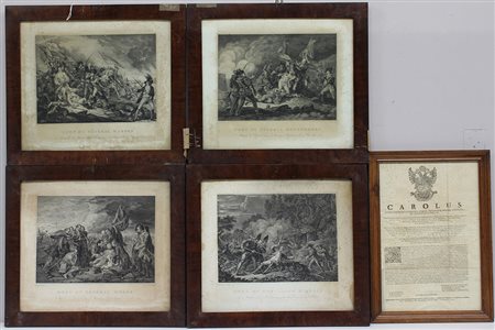 Lotto composto da quattro incisioni in bianco e nero raffiguranti scene...