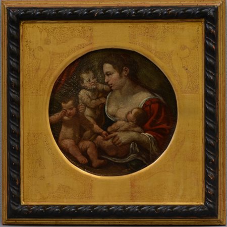 Scuola romana del secolo XVII "Carità" olio su tavola(d cm 28) in cornice....