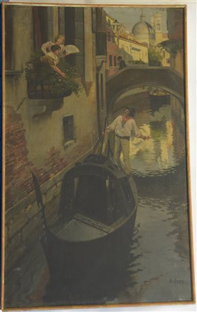 Ignoto "Gondoliere a Venezia" olio su tela (cm 120x74) reca firma in basso a...