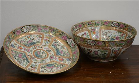 Lotto di un bacile ed un piatto Famiglia Rosa Cantonese in porcellana...