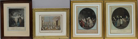 Lotto composto da quattro incisioni a colori raffiguranti scene di vita...