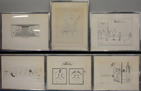 Gruppo di sei litografie raffiguranti vignette umoristiche firmate da Jacobs,...