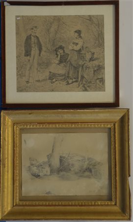 Lotto di due disegni del secolo XIX raffiguranti alberi e scena all'aperto,...