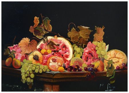 MAURO PUPPO Livorno Frutta sul tavolo 2008 Olio su tavola 50 x 70. Firma in...