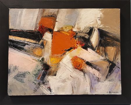 Martino Bissacco, "Composizione", olio su tavola cm 45x35, firma in basso a dx