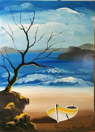 Romano Mussolini, "Barca a riposo", olio su tela cm 70x50, firma in basso a...