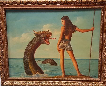 Gianni Rapiti, 2006, "La donna e il drago", olio su tela cm 60x81, firma e...