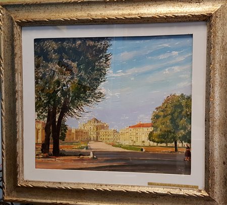 Piero Monti, "Castello di Stupinigi", 1967, olio su cartone telato cm 50x60,...
