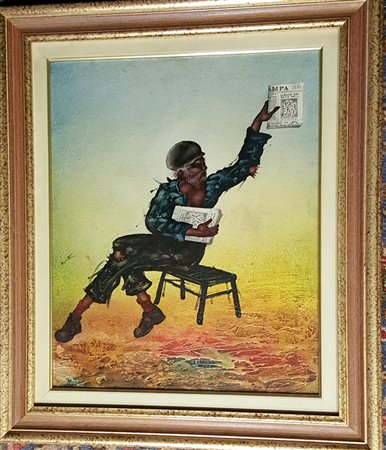 Antonio Cannata, "Lo strillone", olio e tecnica mista su tavola cm 50x40,...