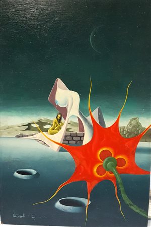 Orazio Petraroli, "Paesaggio surrealista", olio su tavola cm 30x20, firma in...