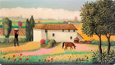 Francesco Maiolo, "Paesaggio con cascinale", 2000, olio su tavola cm 11x19,8...