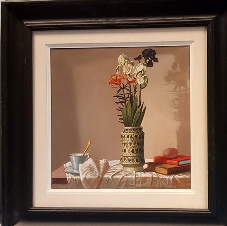 Walter Falconi, "Piccolo teatro domestico", olio su tela cm 30x30, firma in...