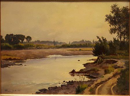 Camillo Merlo, "Il Po presso Torino", 1911, olio su cartone cm 35x26, data e...