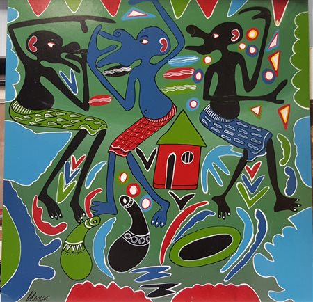 George Lilanga, "Figure africane", olio su masonite cm 61x61, firma in basso...