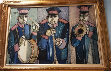 Lucio Ranucci, "La fanfara", 1970, olio su tela cm 60x90, firma e data in...
