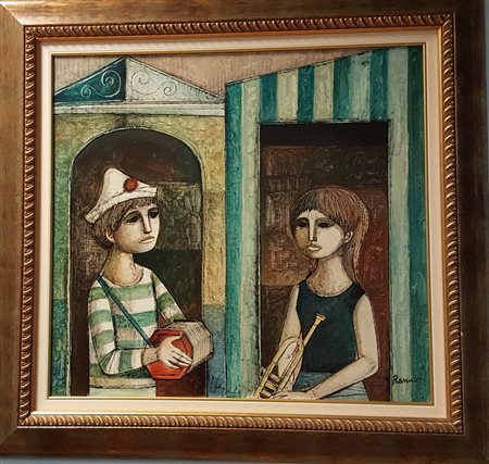 Lucio Ranucci, "Orchestrali", olio su tela cm 67x71, firma in basso a dx,...