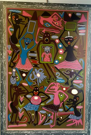 George Lilanga, "Grande festa", olio su masonite cm 122x80, firma in basso a...