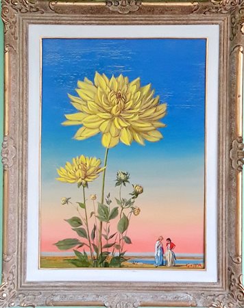 Romano Gazzera, "Dalie gialle", 1974, olio su tela cm 70x50, firma in basso a...