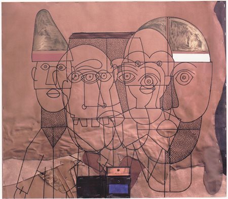 Concetto Pozzati, "La pelle dei burattini", 2004, pirografia e smalto su...