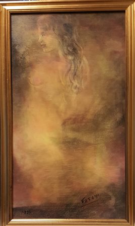 Pierre August Fasani, "Nausica", 1990, olio su tavola cm 40x72, firma in...