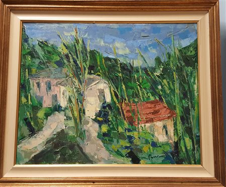 Guido Basso, "Casa di campagna", 1971, olio su tela cm 60x80, firma in basso...