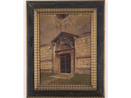 Arturo Bianchi (1856-1939), Olio su cartoncino, Portale della chiesa di San...