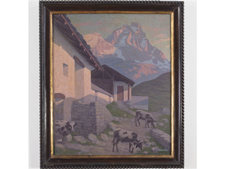 Mario Tantardini (1887-?), Olio su tela, Paesaggio montano con armenti 65x55 cm
