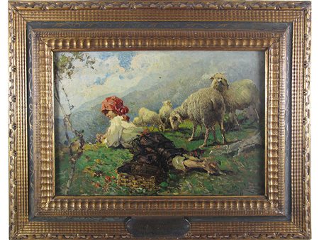 Ugo Mazzolari (1873-1946), Olio su tavoletta, Pascolo primaverile 36x51 cm