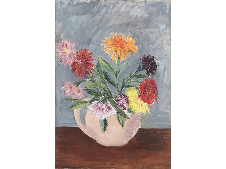 Anonimo (XX secolo), Olio su cartoncino, Vaso con fiori 50x35 cm