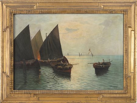 Eduardo Forlenza (1861-1934), Olio su tela, Barche con pescatori 70x100 cm