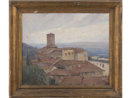 Eugenio Polesello (1895-1983), Olio su compensto, Case a san Pietro Assisi...